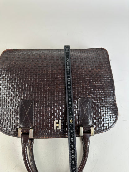 Vintage Fendi Woven Leather Handbag Dark Brown Silver