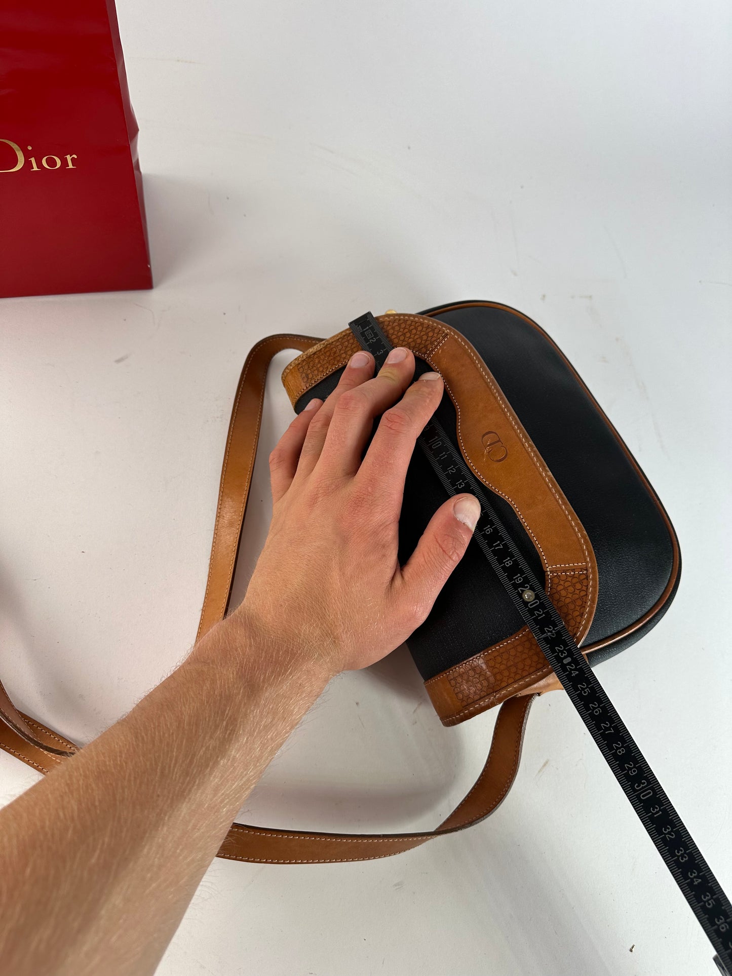 Vintage Christian Dior Crossbody Bag Black Canvas Cognac Leather