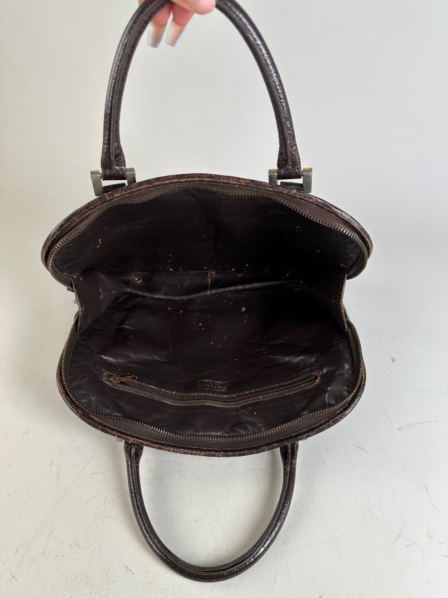 Vintage Fendi Woven Leather Handbag Dark Brown Silver