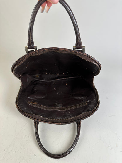Vintage Fendi Woven Leather Handbag Dark Brown Silver