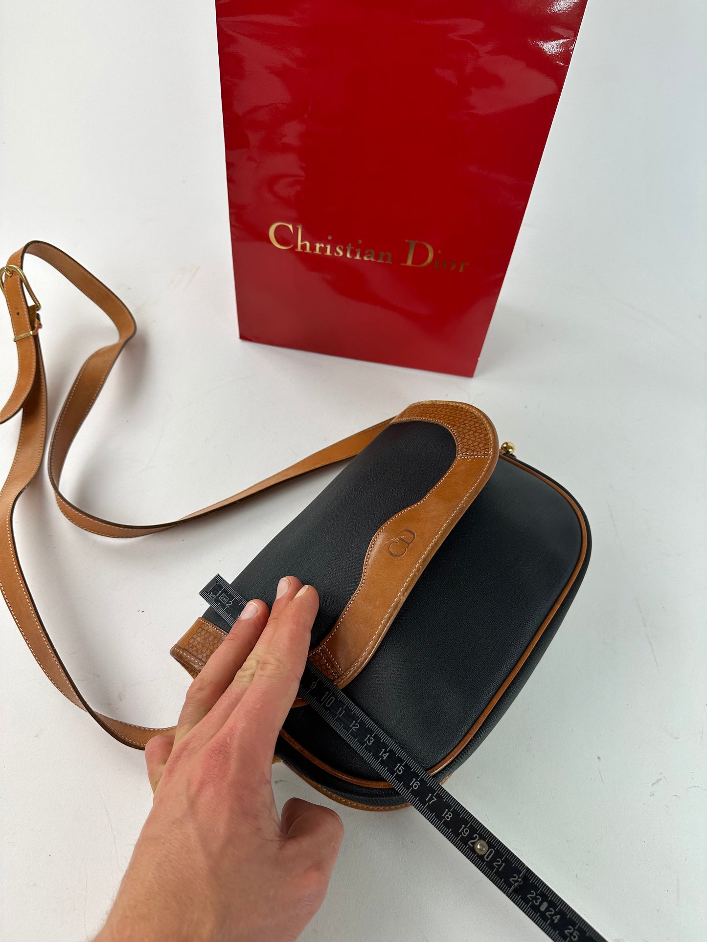 Vintage Christian Dior Crossbody Bag Black Canvas Cognac Leather