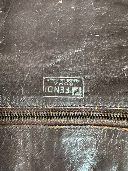 Vintage Fendi Woven Leather Handbag Dark Brown Silver