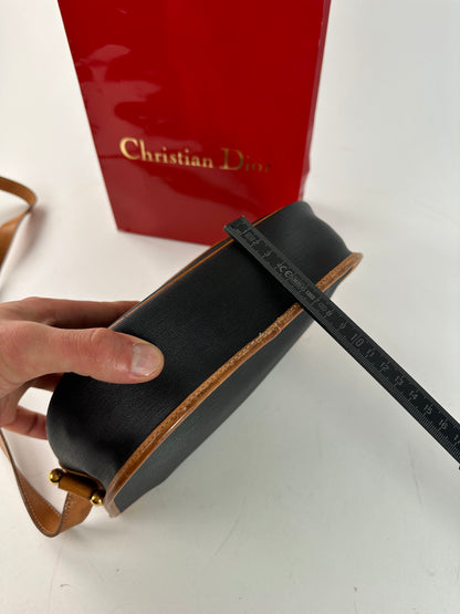 Vintage Christian Dior Crossbody Bag Black Canvas Cognac Leather