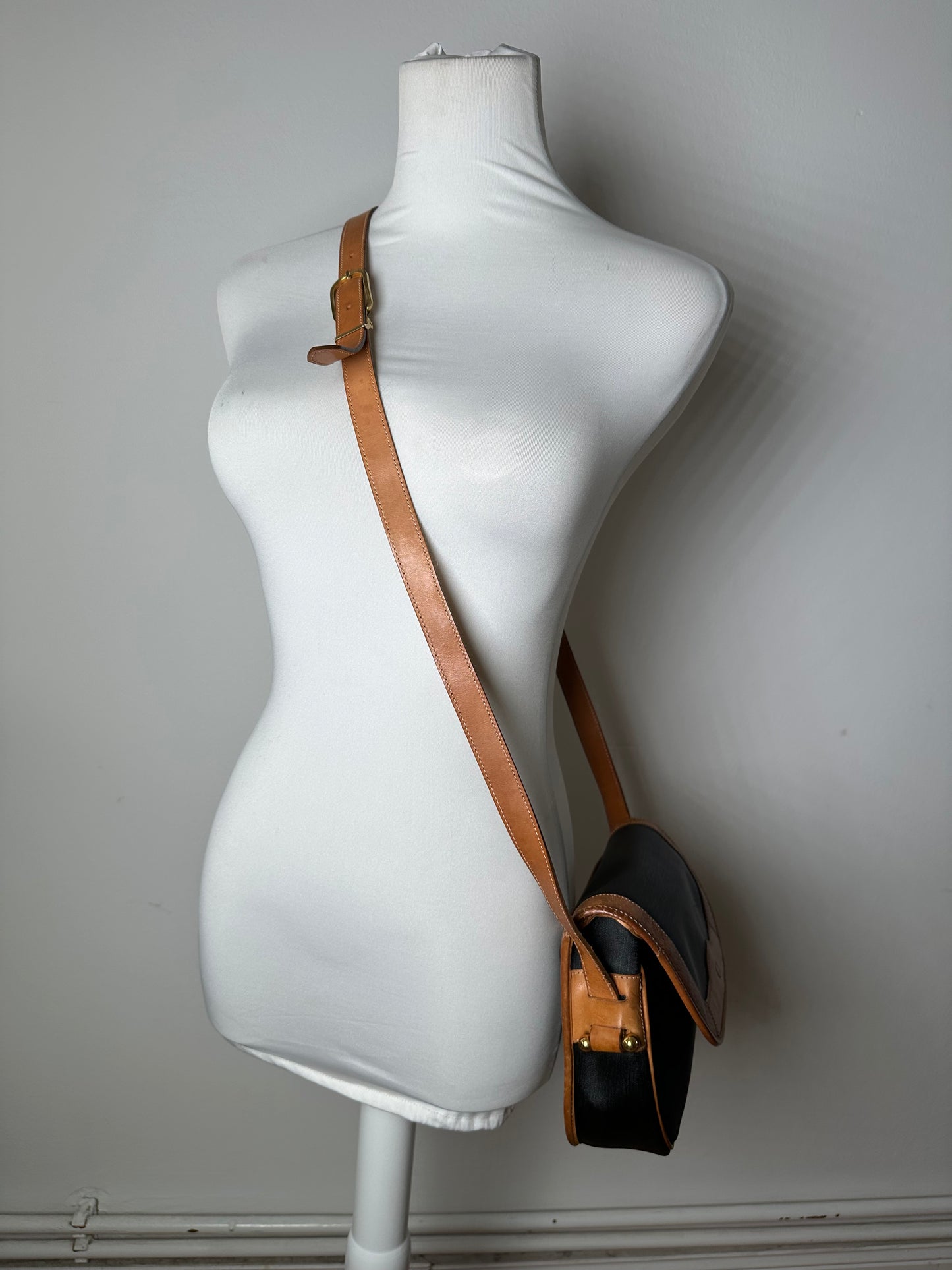 Vintage Christian Dior Crossbody Bag Black Canvas Cognac Leather