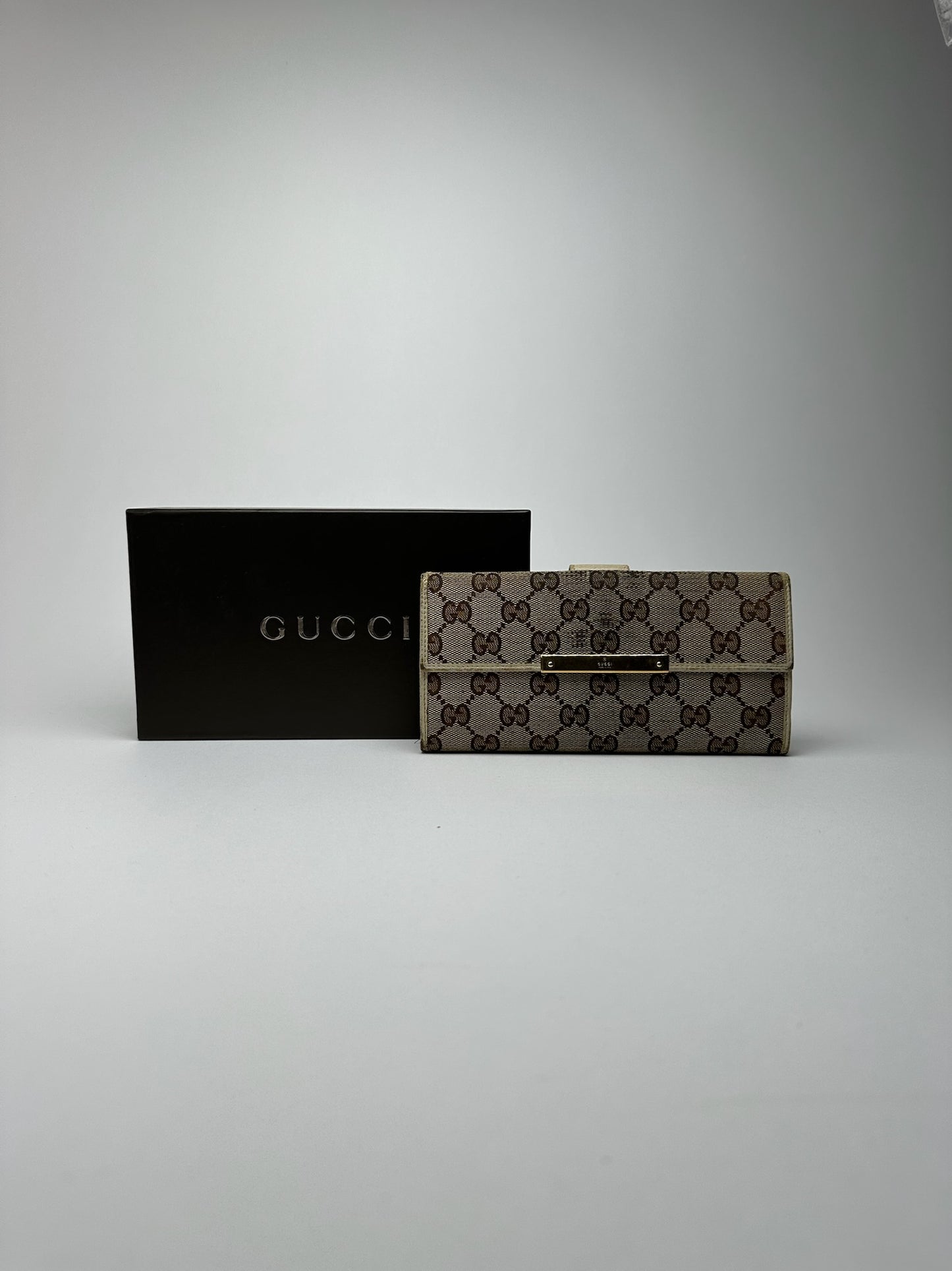 Portefeuille vintage en cuir Gucci Monogram blanc beige