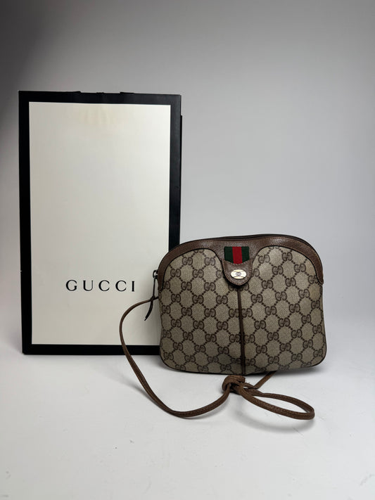 Vintage Gucci Monogram Leather Shoulder Bag Grey Brown