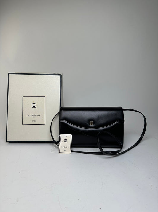 Vintage Givenchy Paris Flap Shoulder Bag Black Leather 4G Logo