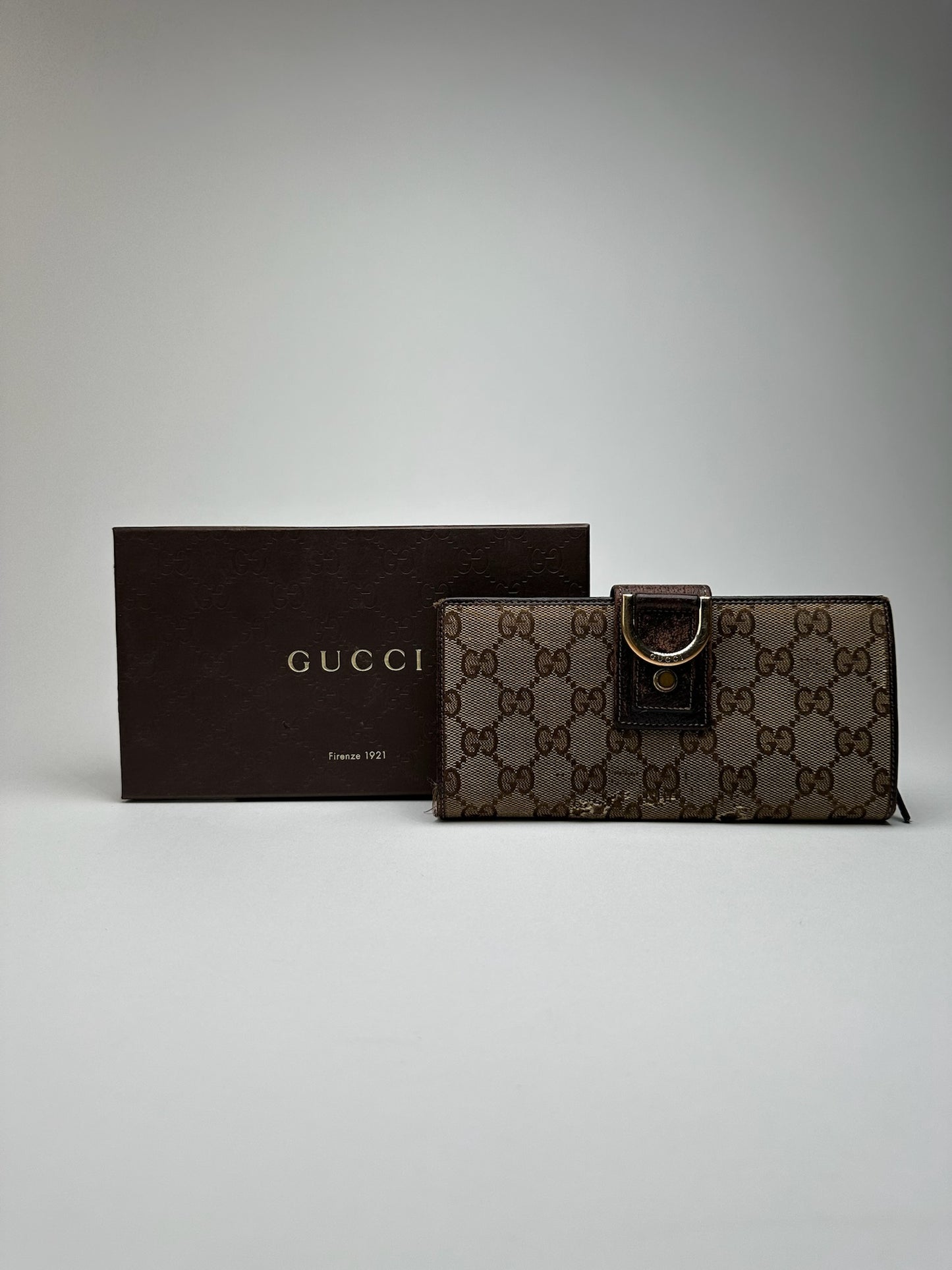 Portefeuille vintage en cuir Gucci Monogram beige marron