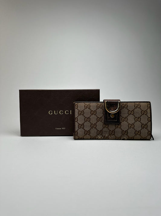 Portefeuille vintage en cuir Gucci Monogram beige marron