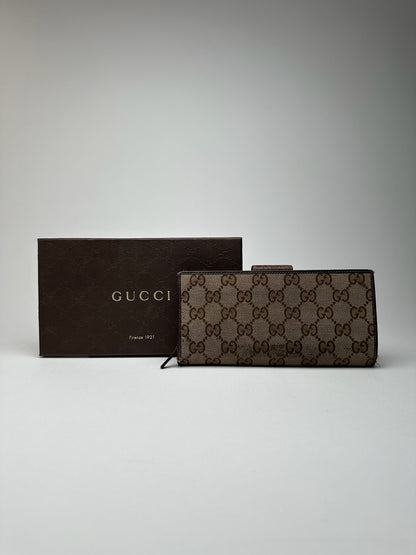 Portefeuille vintage en cuir Gucci Monogram beige marron