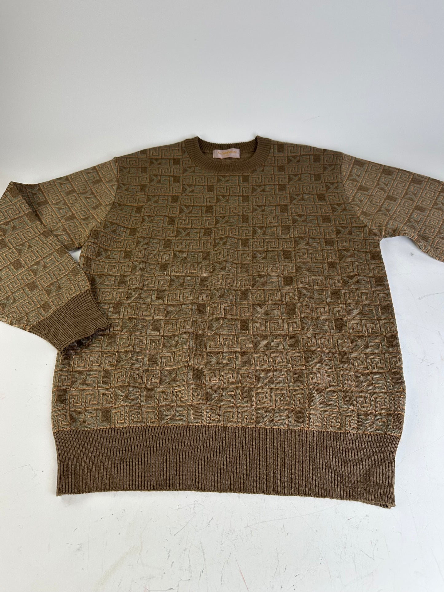Vintage Saint Laurent FF Monogram Knit Sweater Brown Beige L