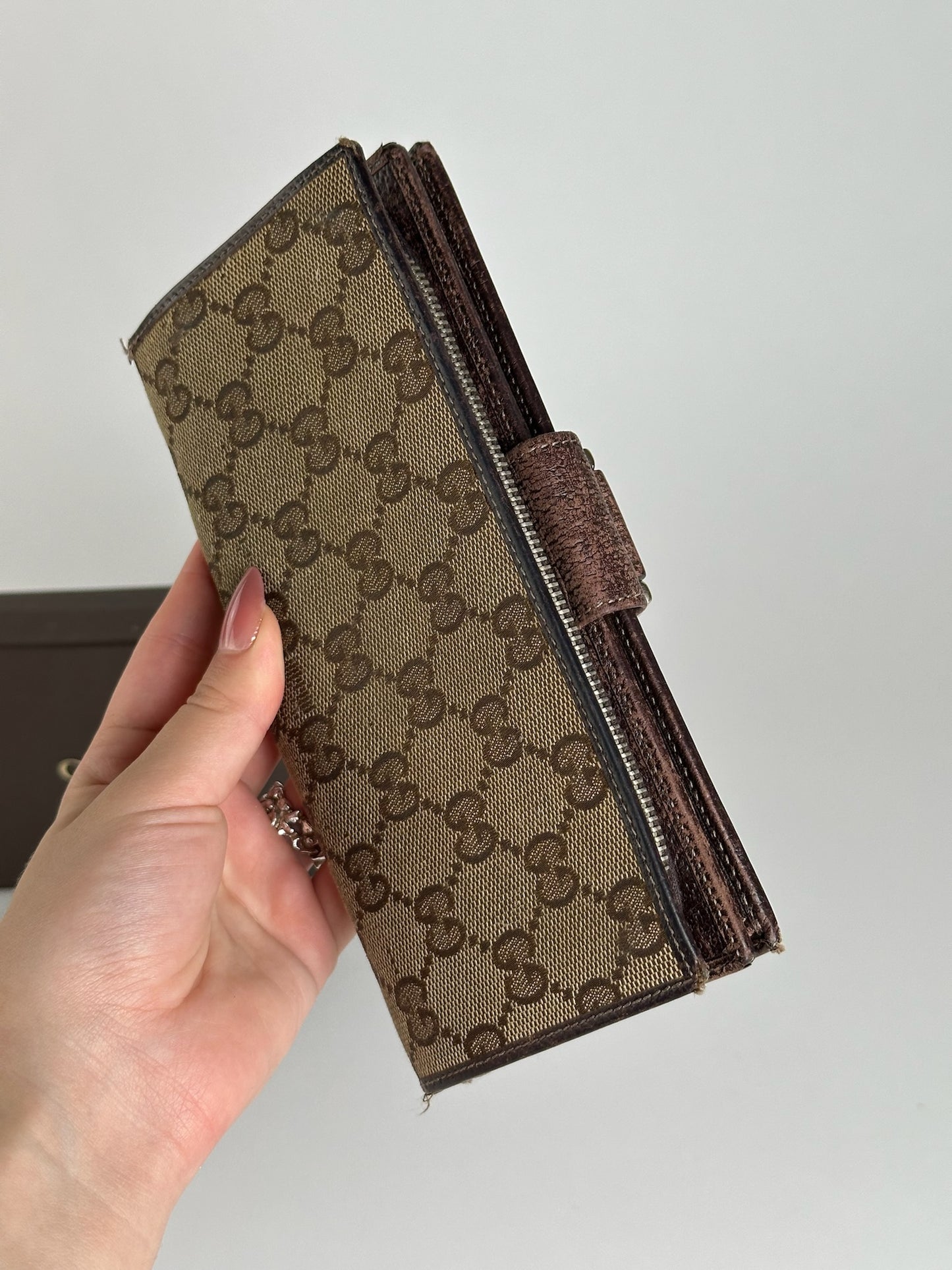 Portefeuille vintage en cuir Gucci Monogram beige marron