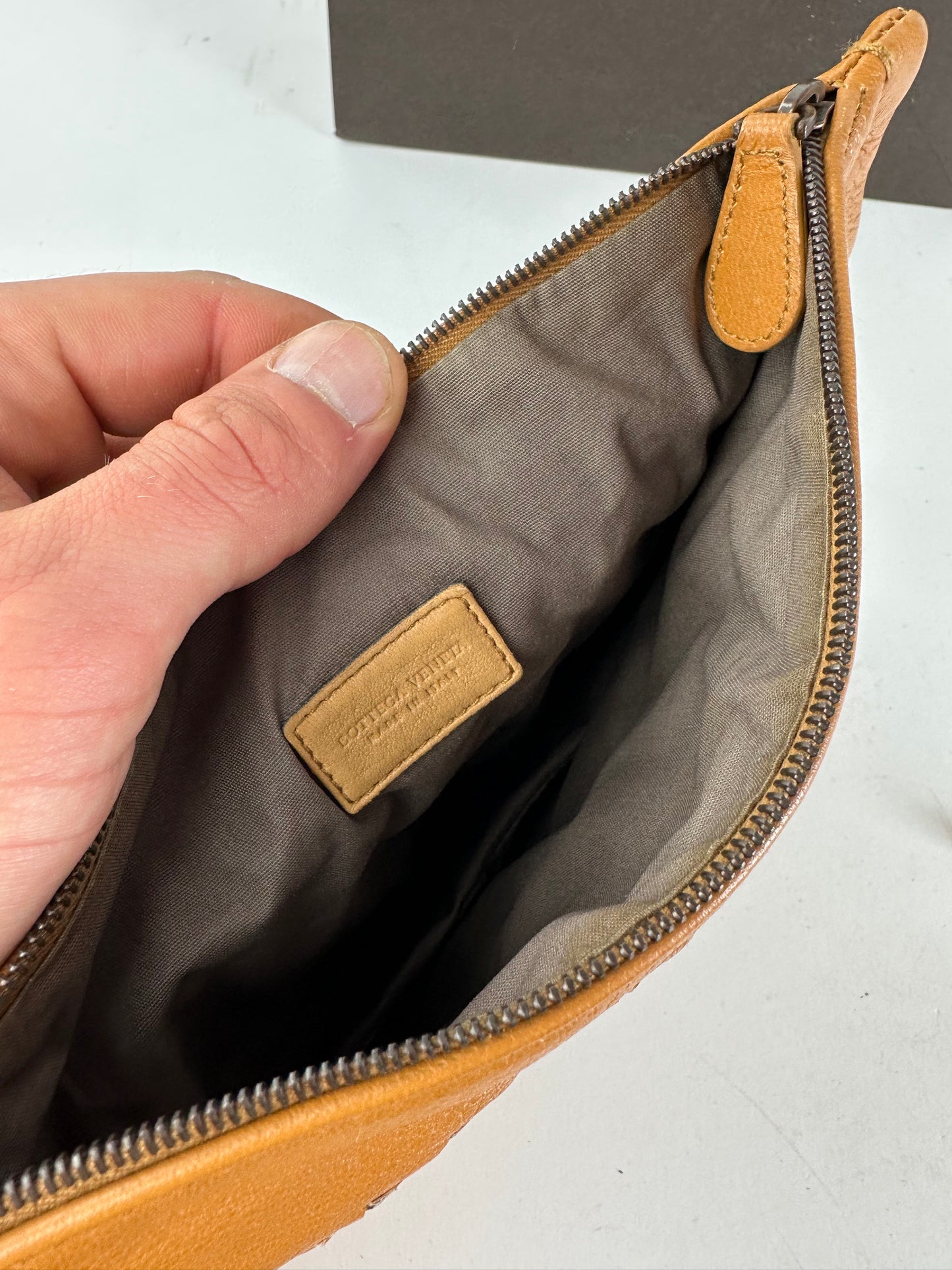 Bottega Veneta 2008 Patchwork Floral Leather Clutch Cognac