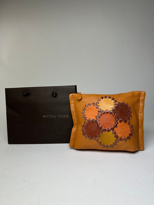 Bottega Veneta 2008 Patchwork Floral Leather Clutch Cognac