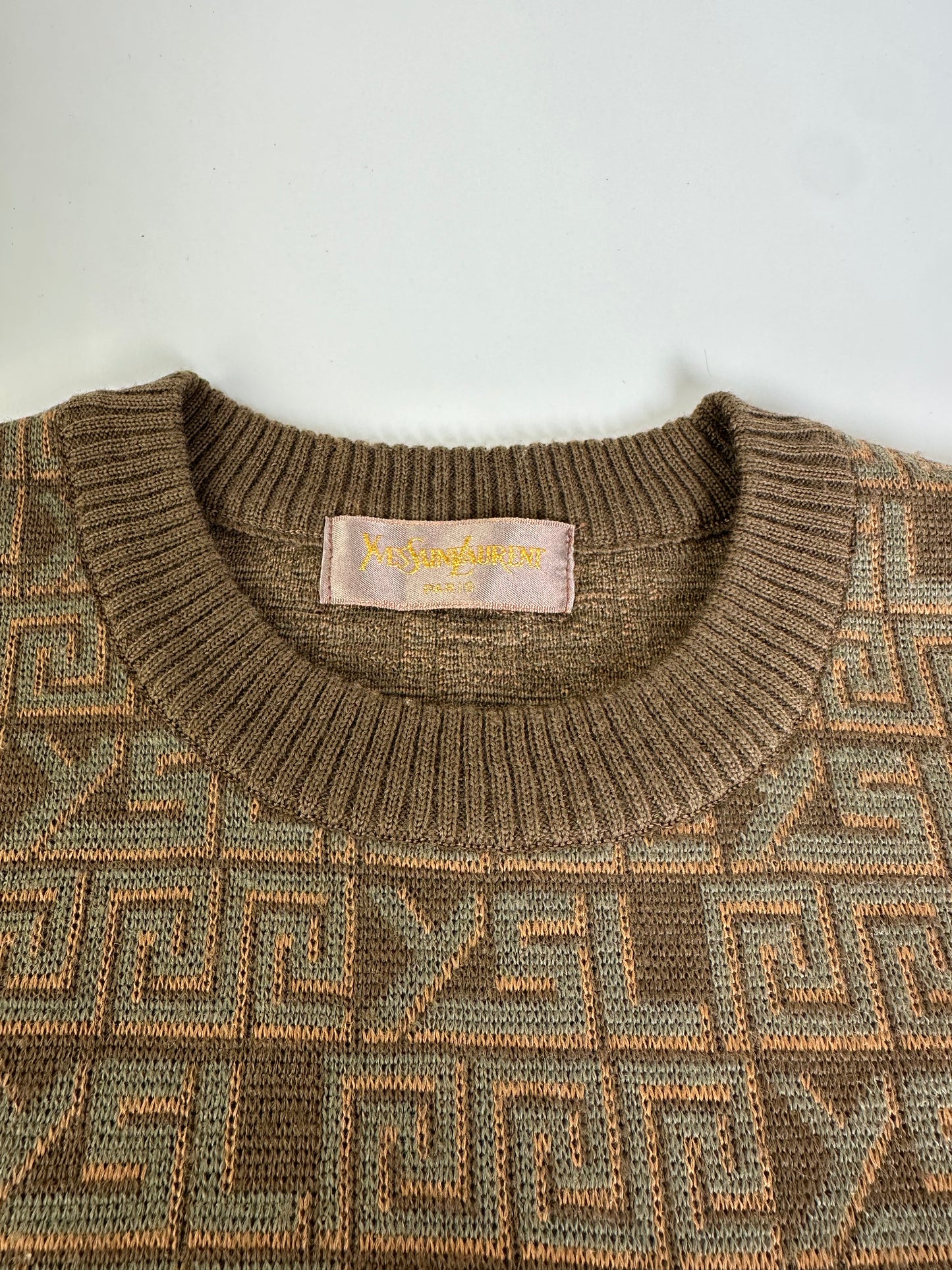 Vintage Saint Laurent FF Monogram Knit Sweater Brown Beige L