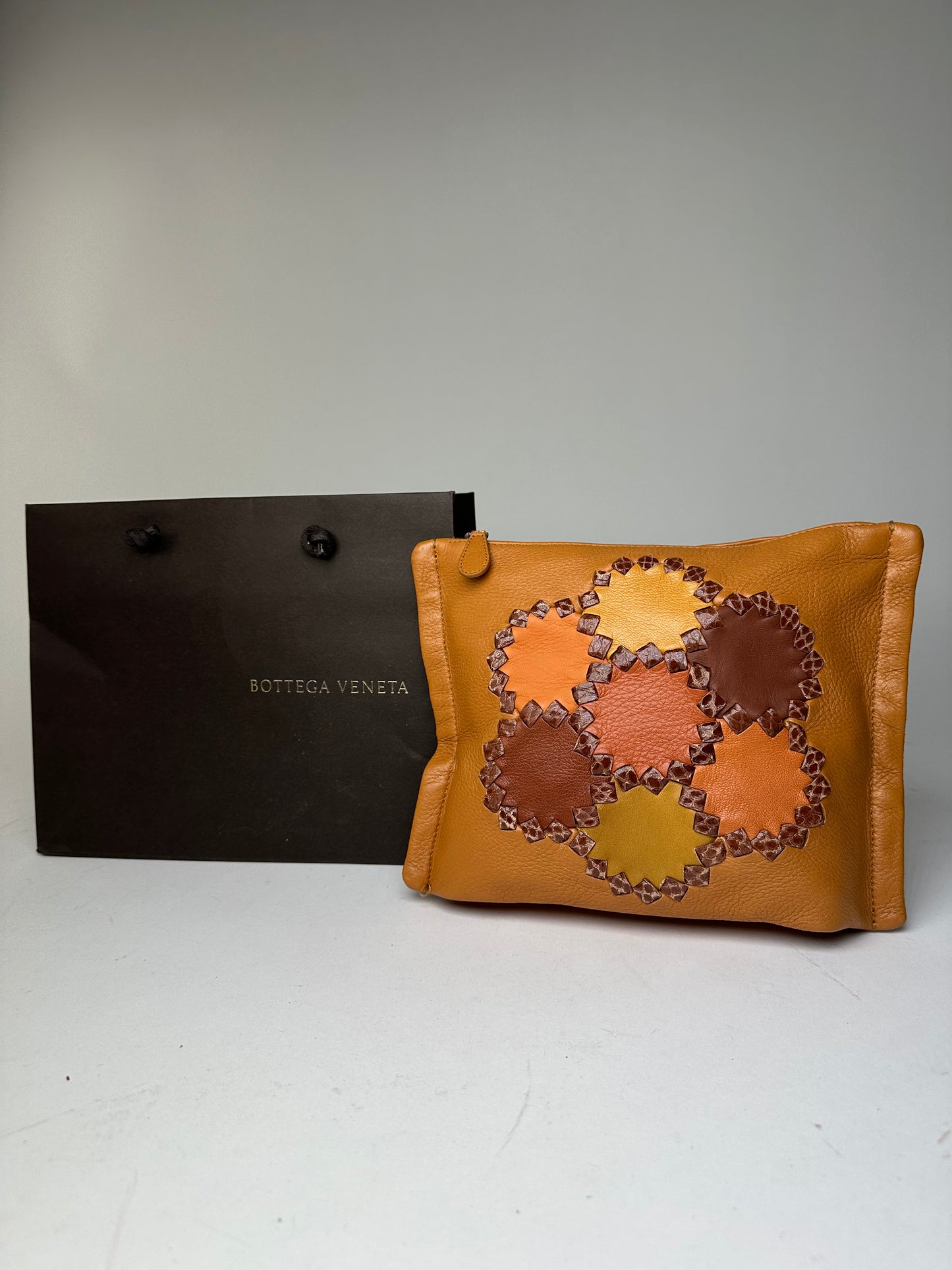 Bottega Veneta 2008 Patchwork Floral Leather Clutch Cognac
