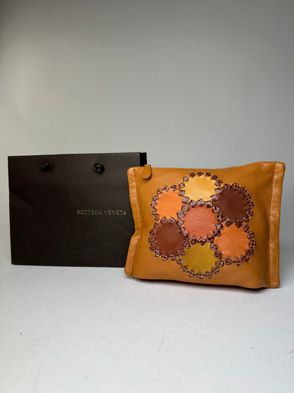 Bottega Veneta 2008 Patchwork Floral Leather Clutch Cognac