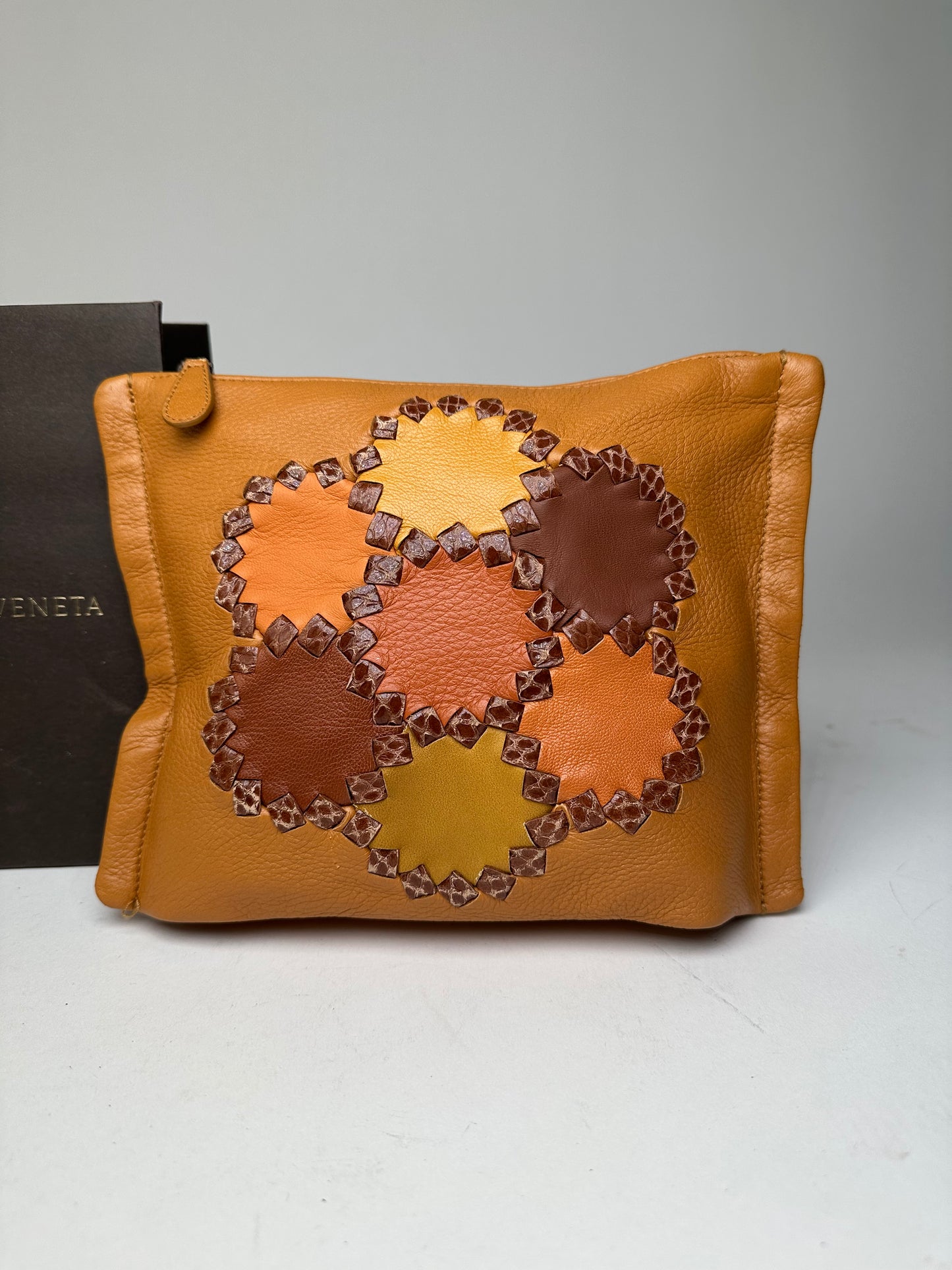 Bottega Veneta 2008 Patchwork Floral Leather Clutch Cognac