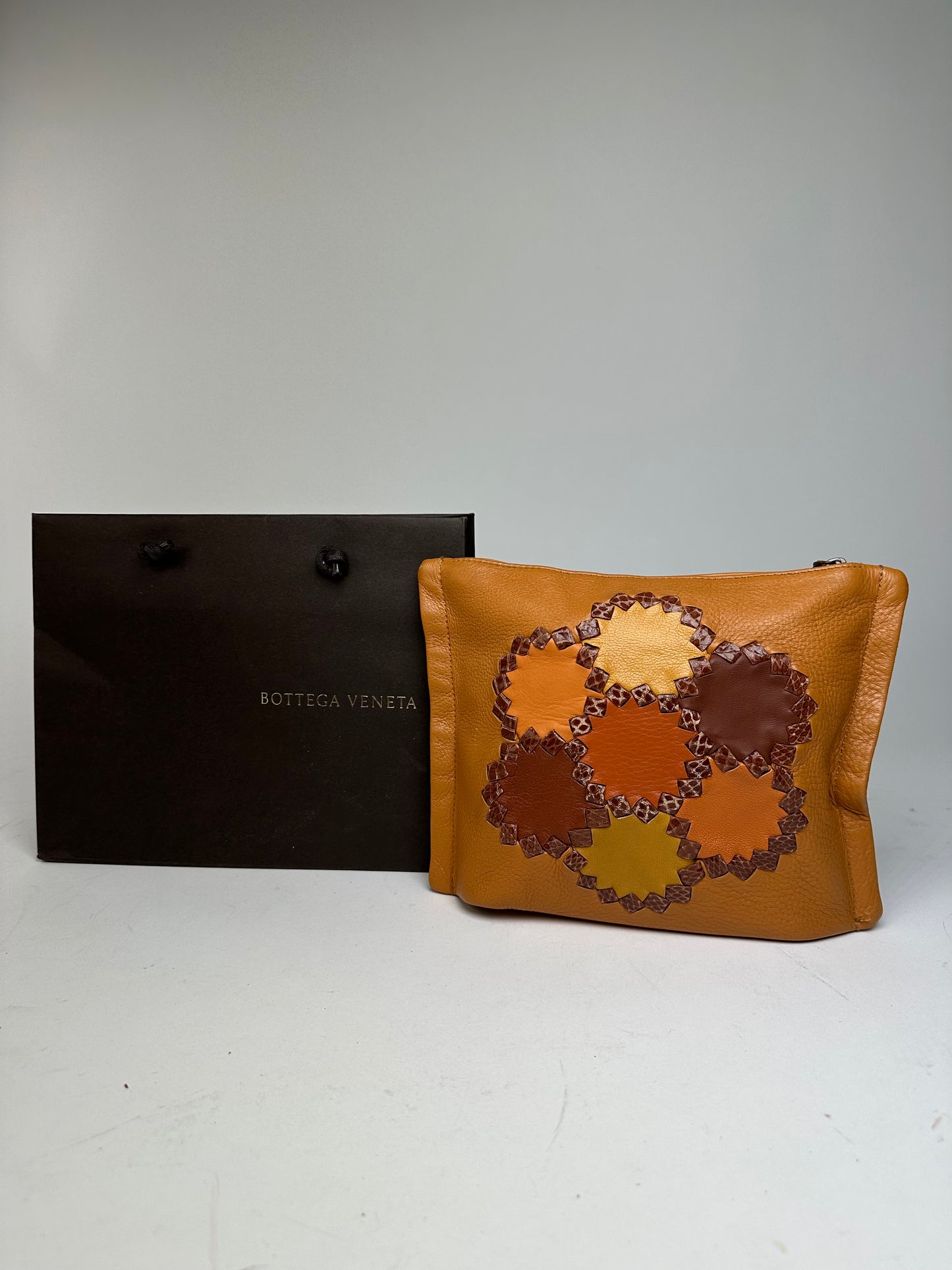 Bottega Veneta 2008 Patchwork Floral Leather Clutch Cognac