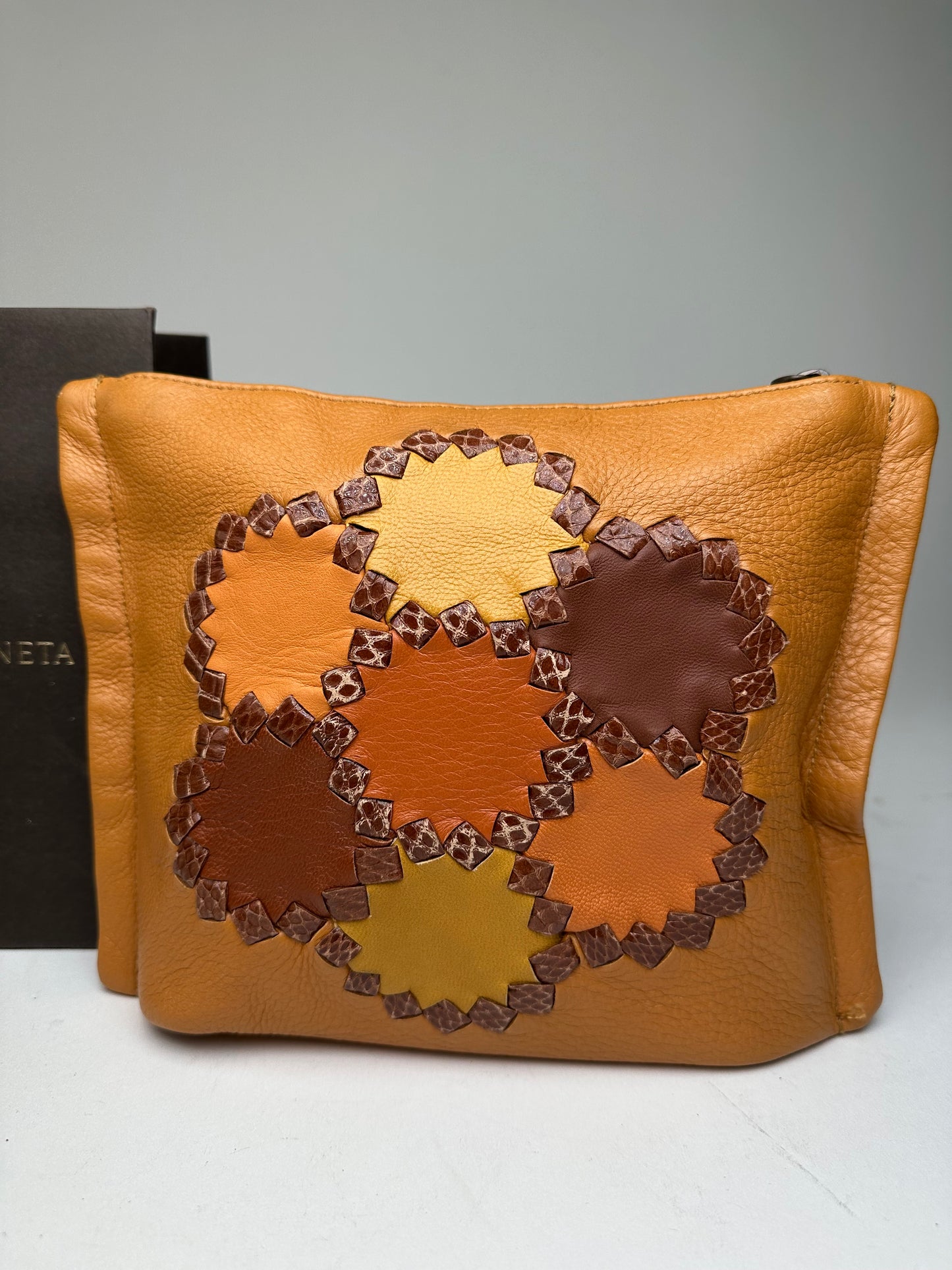 Bottega Veneta 2008 Patchwork Floral Leather Clutch Cognac
