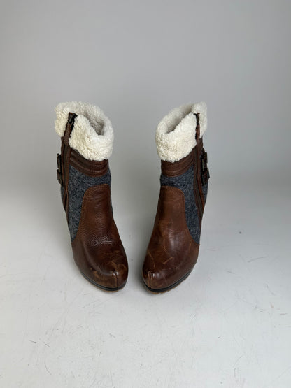 Vintage Etro Leather Wool Ankle Boots Brown Grey EU38