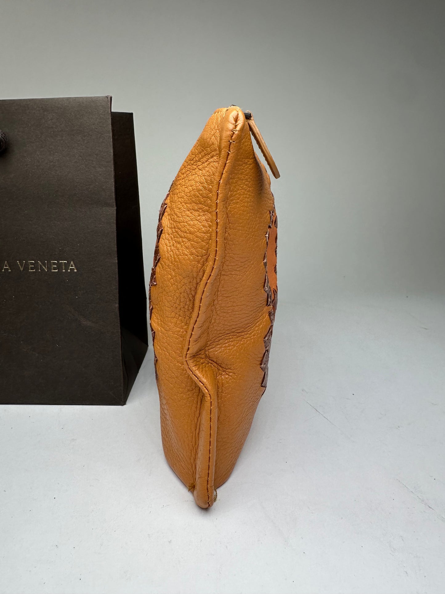 Bottega Veneta 2008 Patchwork Floral Leather Clutch Cognac