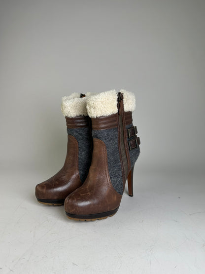 Vintage Etro Leather Wool Ankle Boots Brown Grey EU38