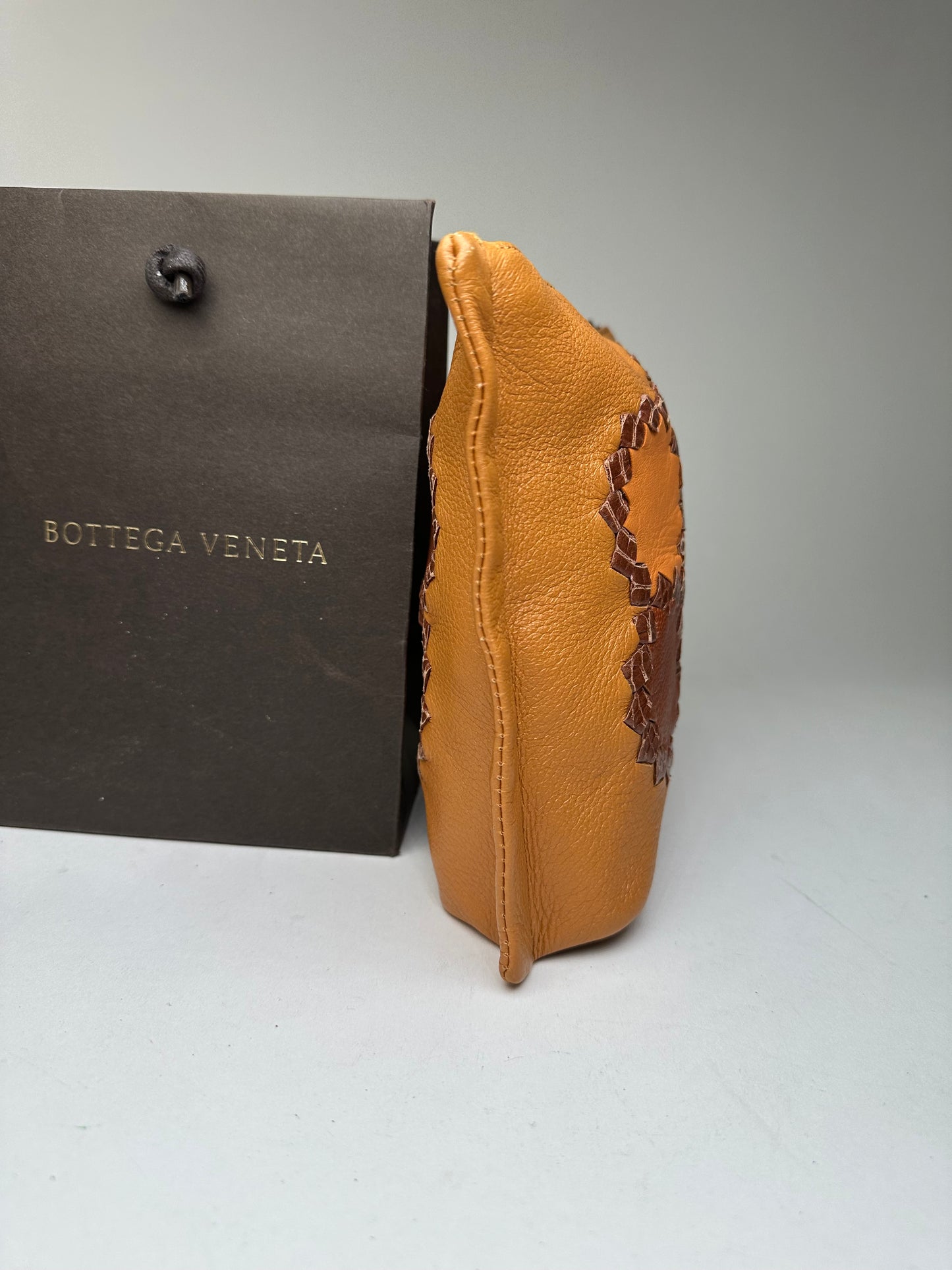 Bottega Veneta 2008 Patchwork Floral Leather Clutch Cognac