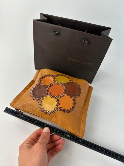 Bottega Veneta 2008 Patchwork Floral Leather Clutch Cognac