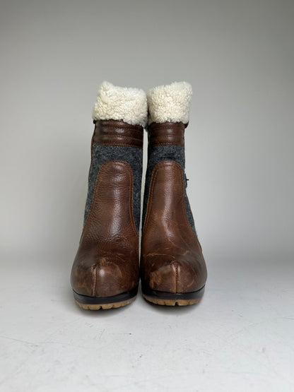 Vintage Etro Leather Wool Ankle Boots Brown Grey EU38