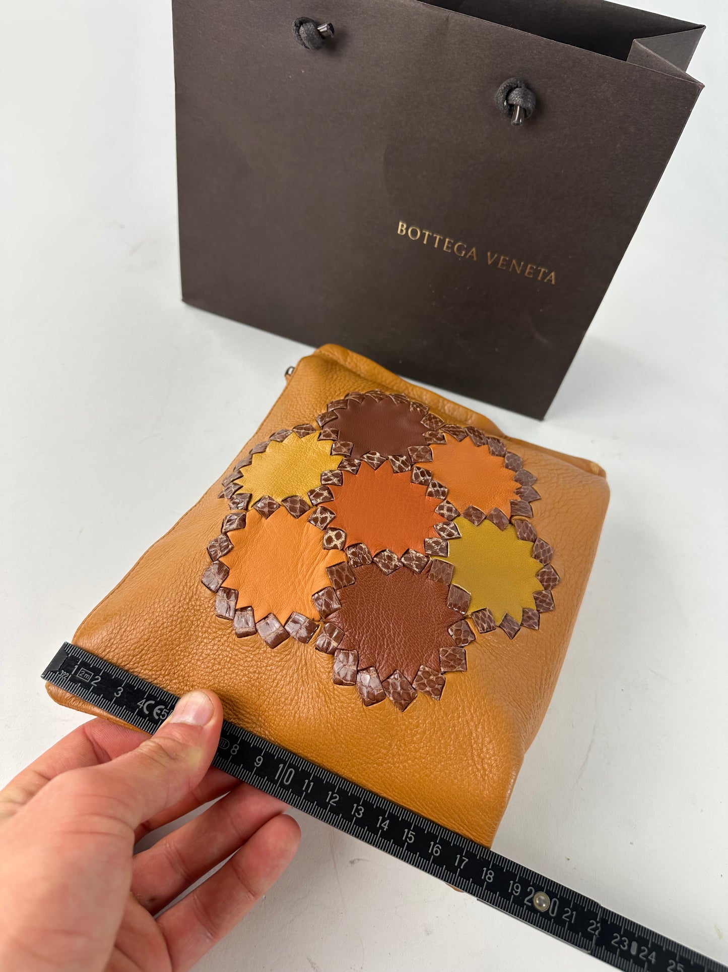 Bottega Veneta 2008 Patchwork Floral Leather Clutch Cognac