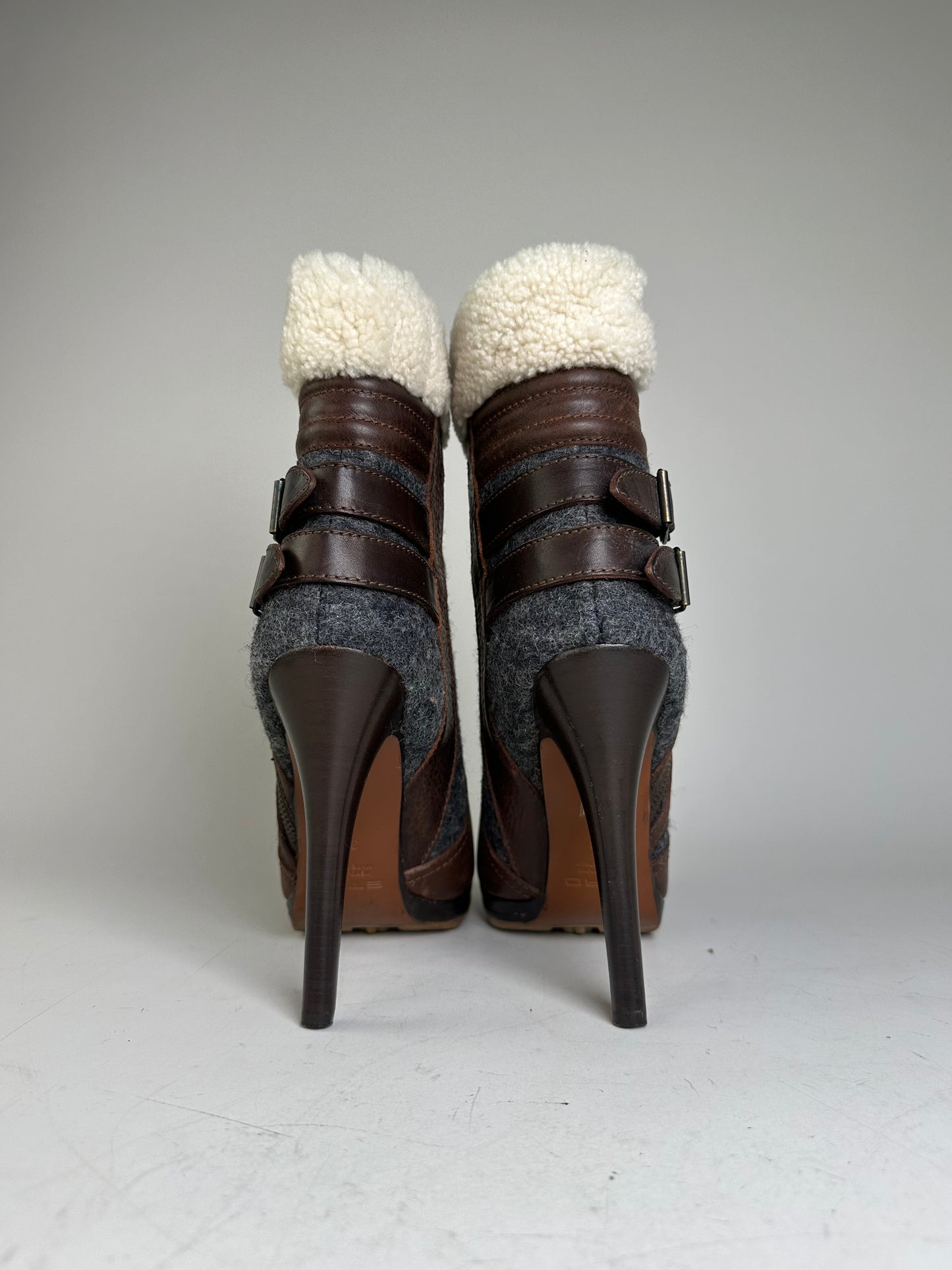 Vintage Etro Leather Wool Ankle Boots Brown Grey EU38