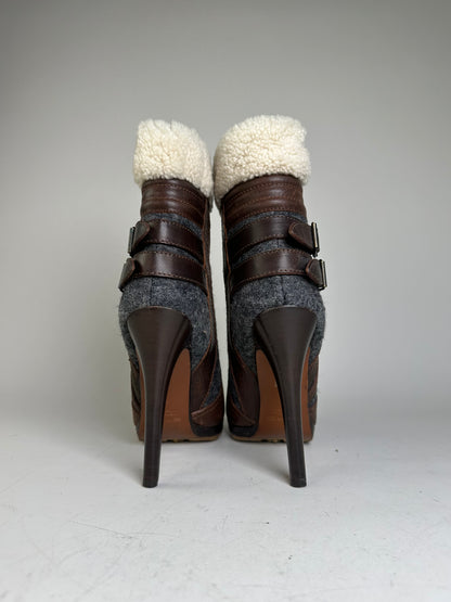 Vintage Etro Leather Wool Ankle Boots Brown Grey EU38
