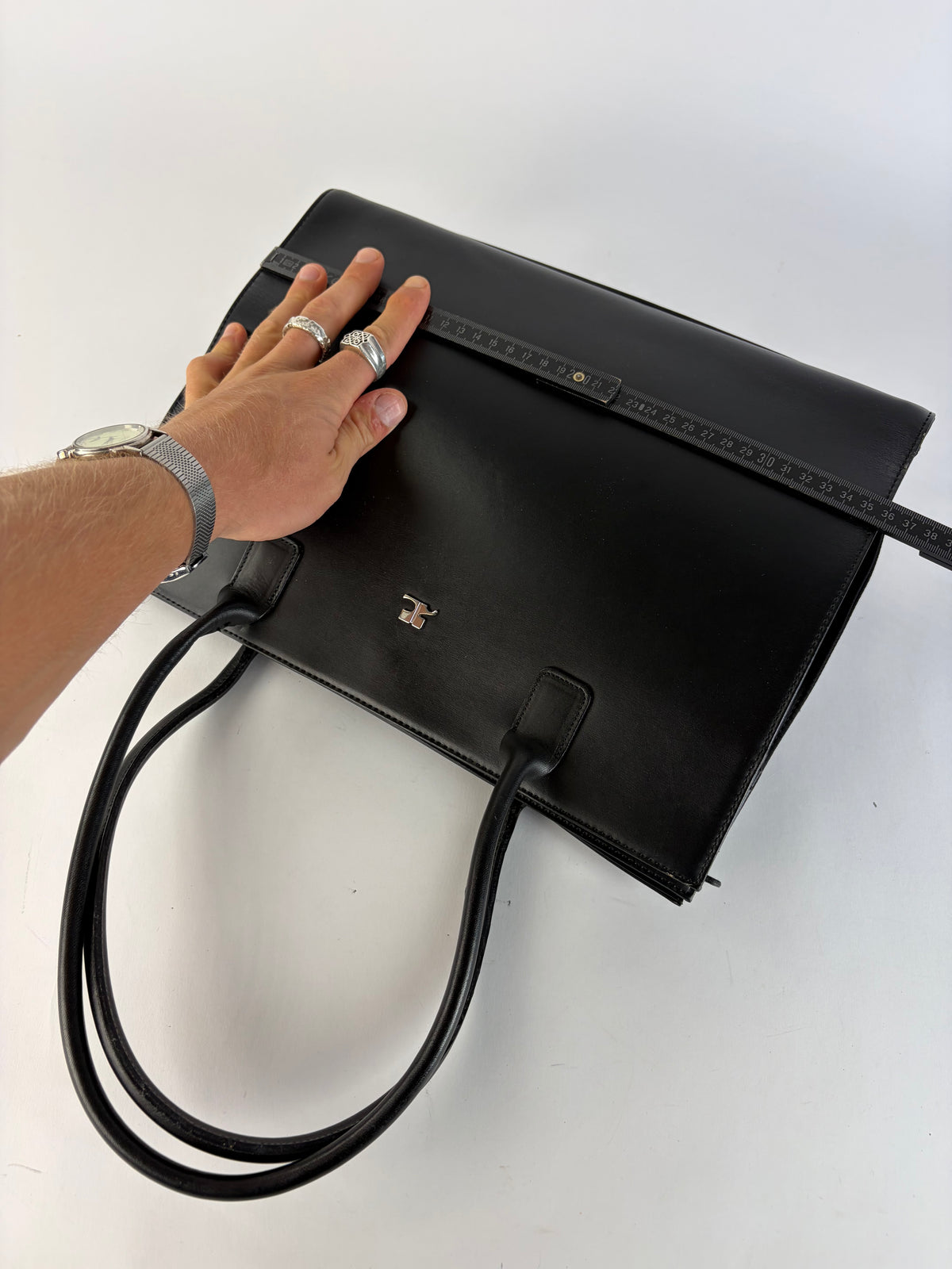 Vintage Courrèges AC Logo Structured Tote Bag Black Silver
