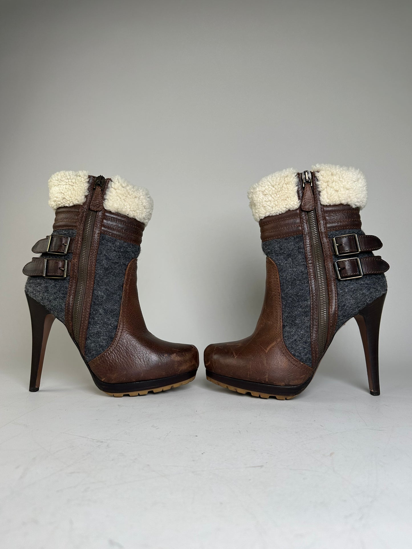 Vintage Etro Leather Wool Ankle Boots Brown Grey EU38