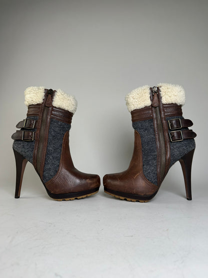 Vintage Etro Leather Wool Ankle Boots Brown Grey EU38