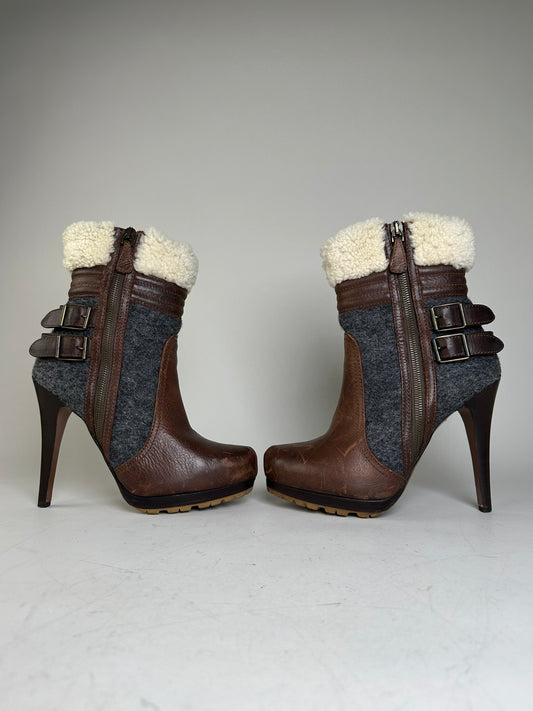 Vintage Etro Leather Wool Ankle Boots Brown Grey EU38