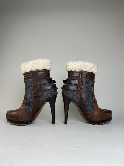 Vintage Etro Leather Wool Ankle Boots Brown Grey EU38