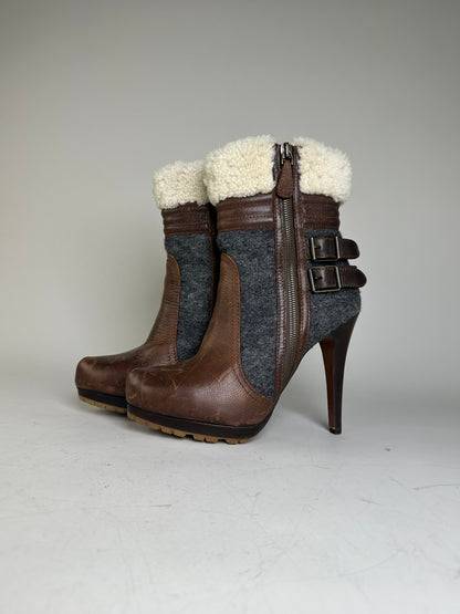 Vintage Etro Leather Wool Ankle Boots Brown Grey EU38