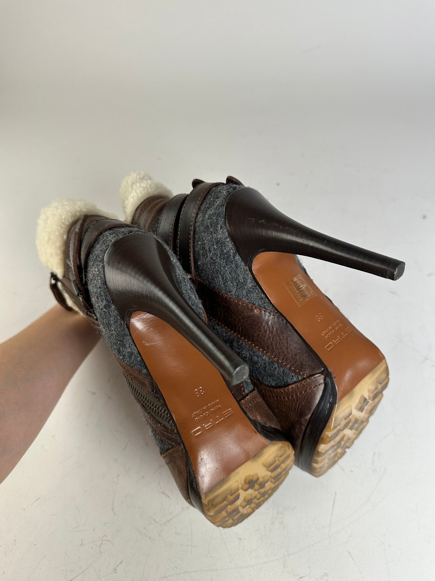 Vintage Etro Leather Wool Ankle Boots Brown Grey EU38