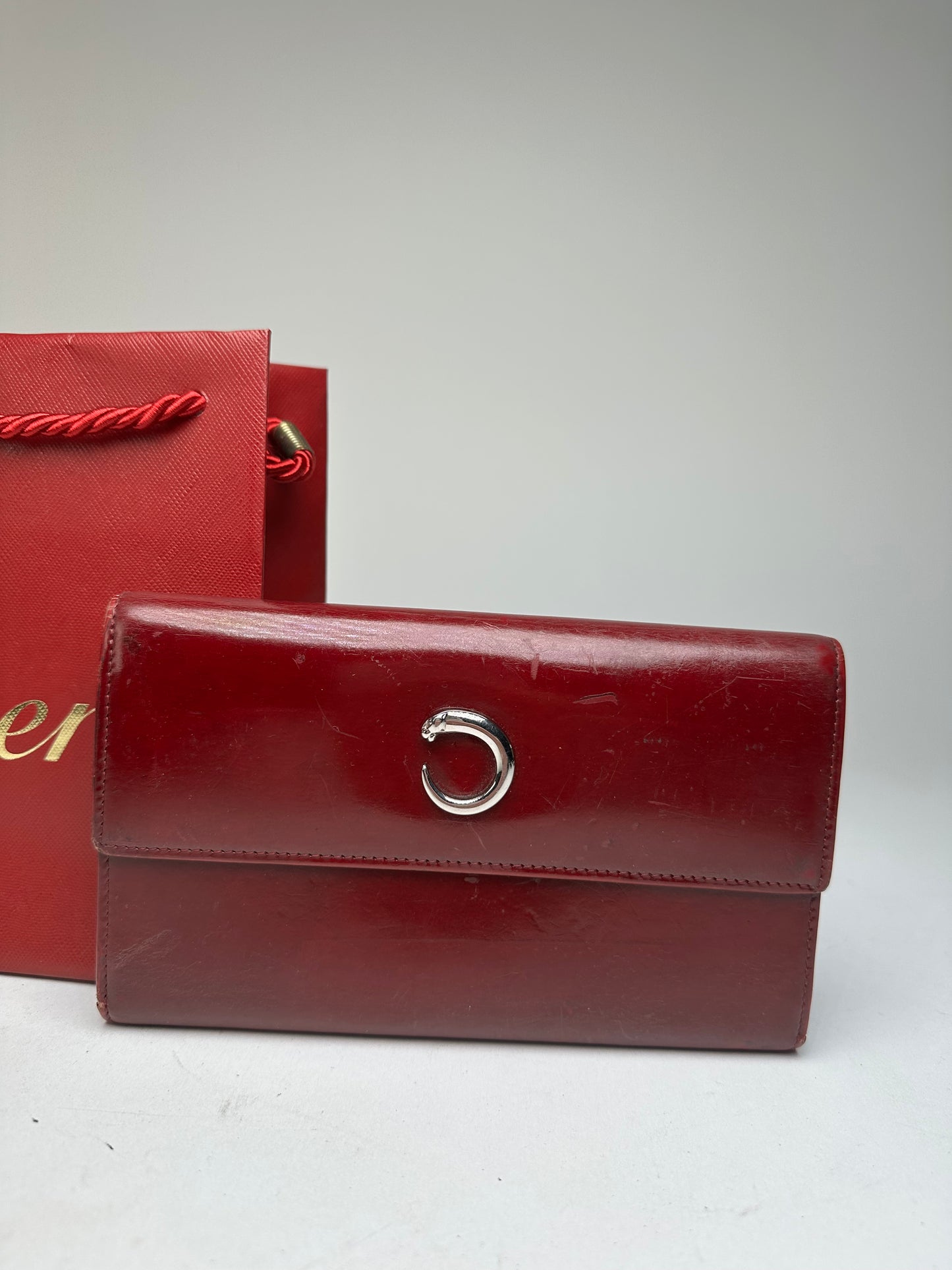 Vintage Cartier Panthere Patent Leather Long Wallet burgundy