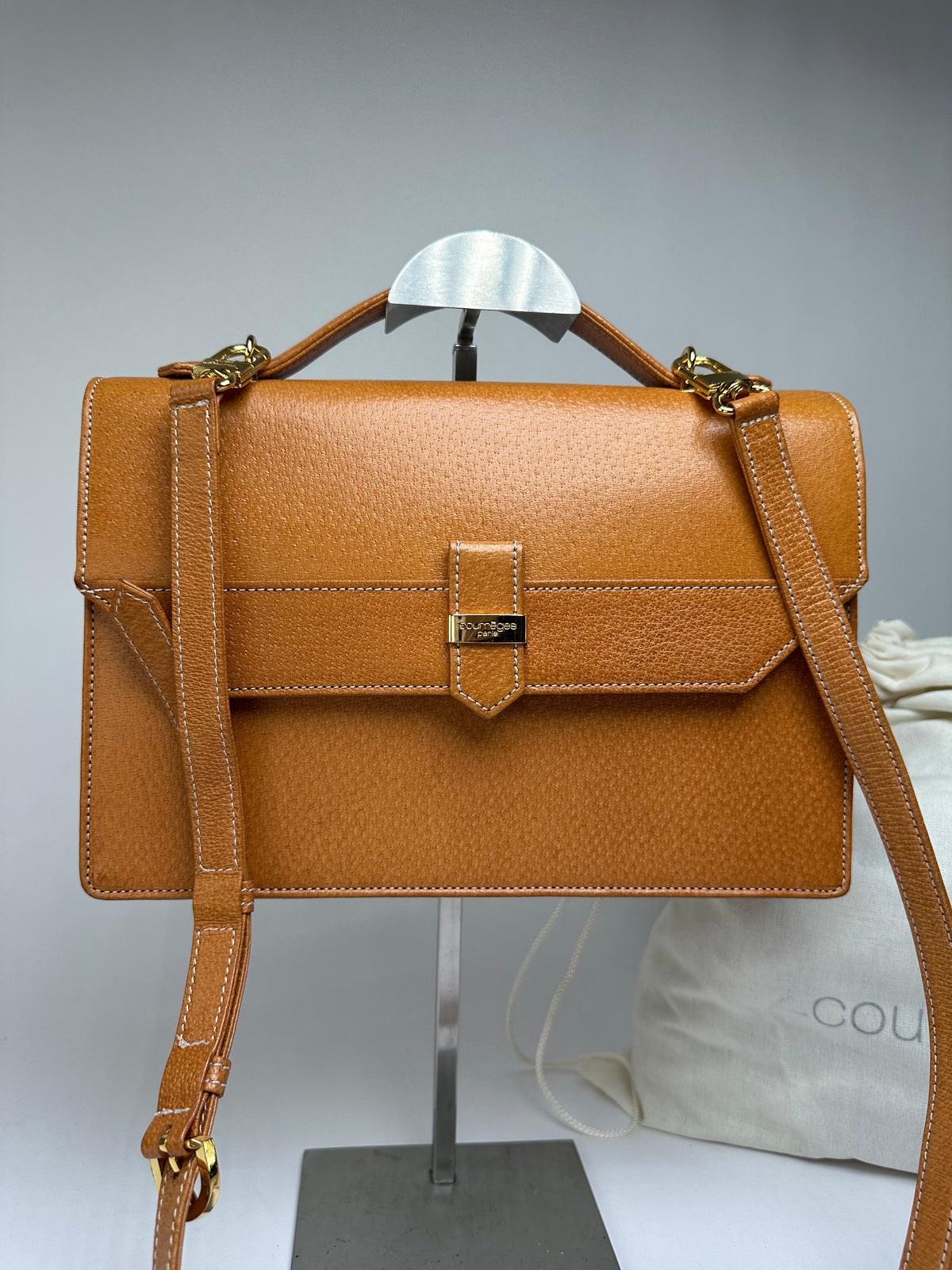 Vintage Courreges Structured Leather Top-Handle Bag Orange Gold