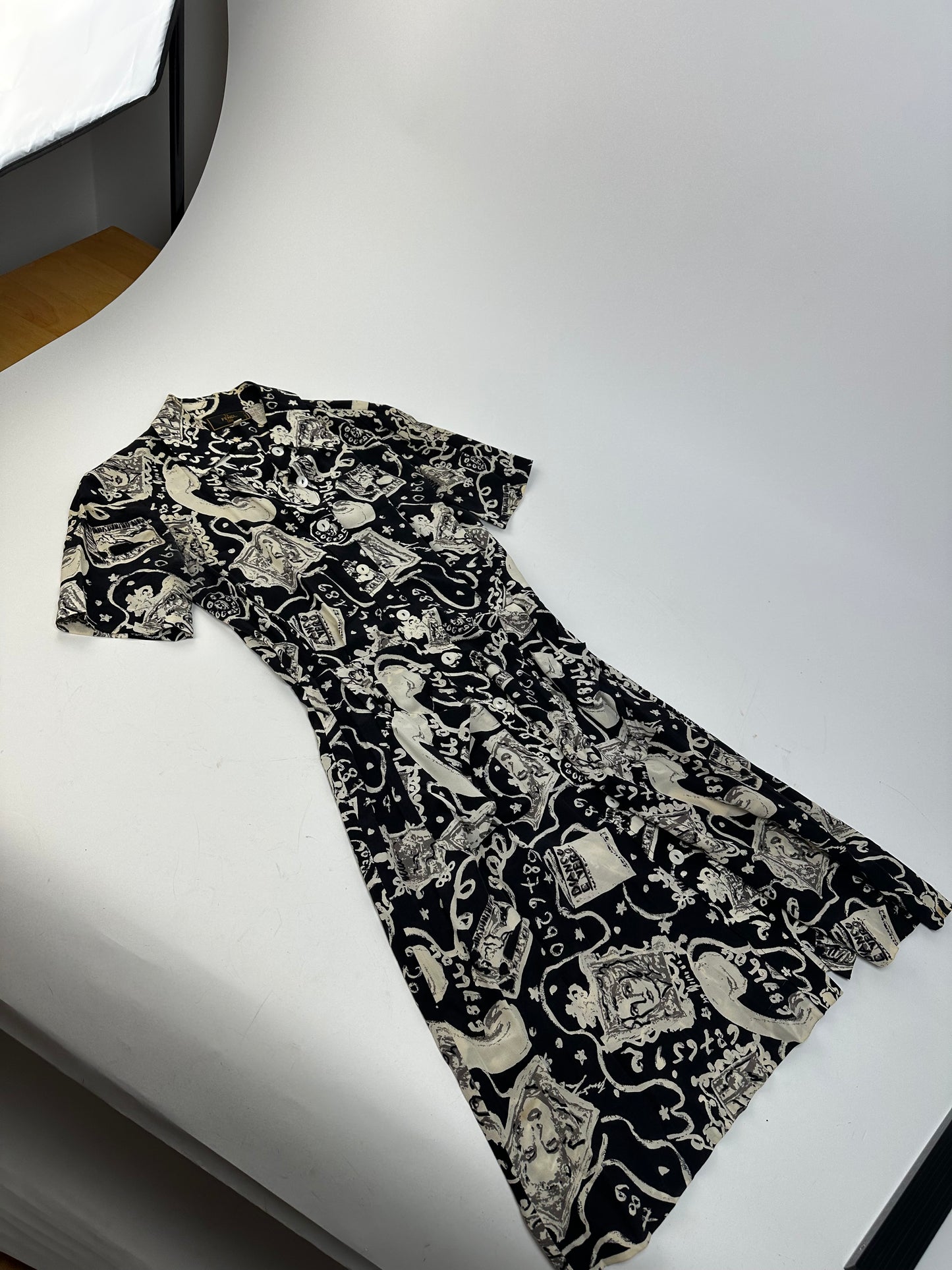Vintage Fendi Printed Shirt Dress Black Surrealist Print M