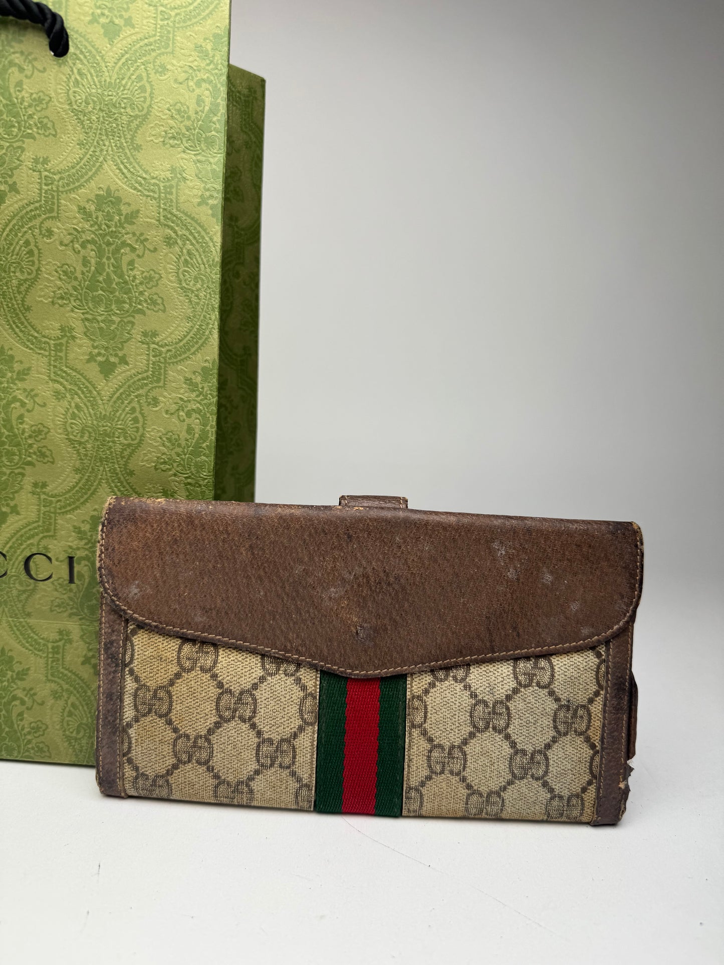 Vintage Gucci Ophidia Monogram Leather ID holder beige brown