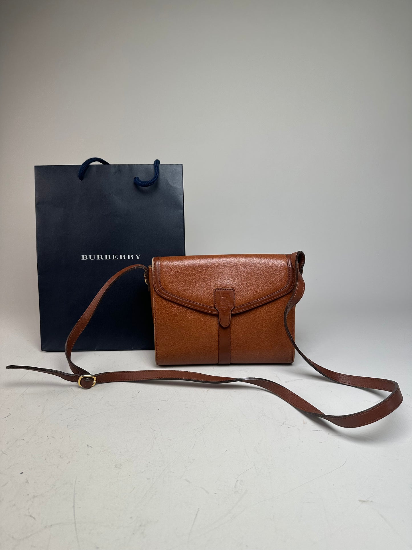 Vintage Burberry Pebbled Leather Crossbody Bag Tan Gold