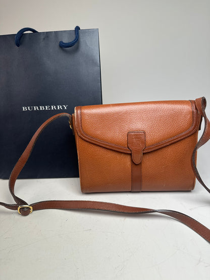 Vintage Burberry Pebbled Leather Crossbody Bag Tan Gold