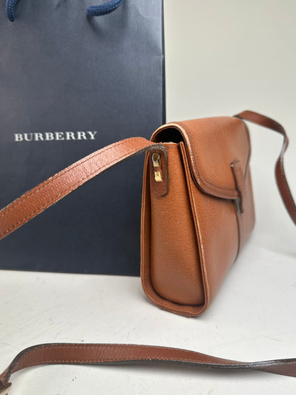 Vintage Burberry Pebbled Leather Crossbody Bag Tan Gold