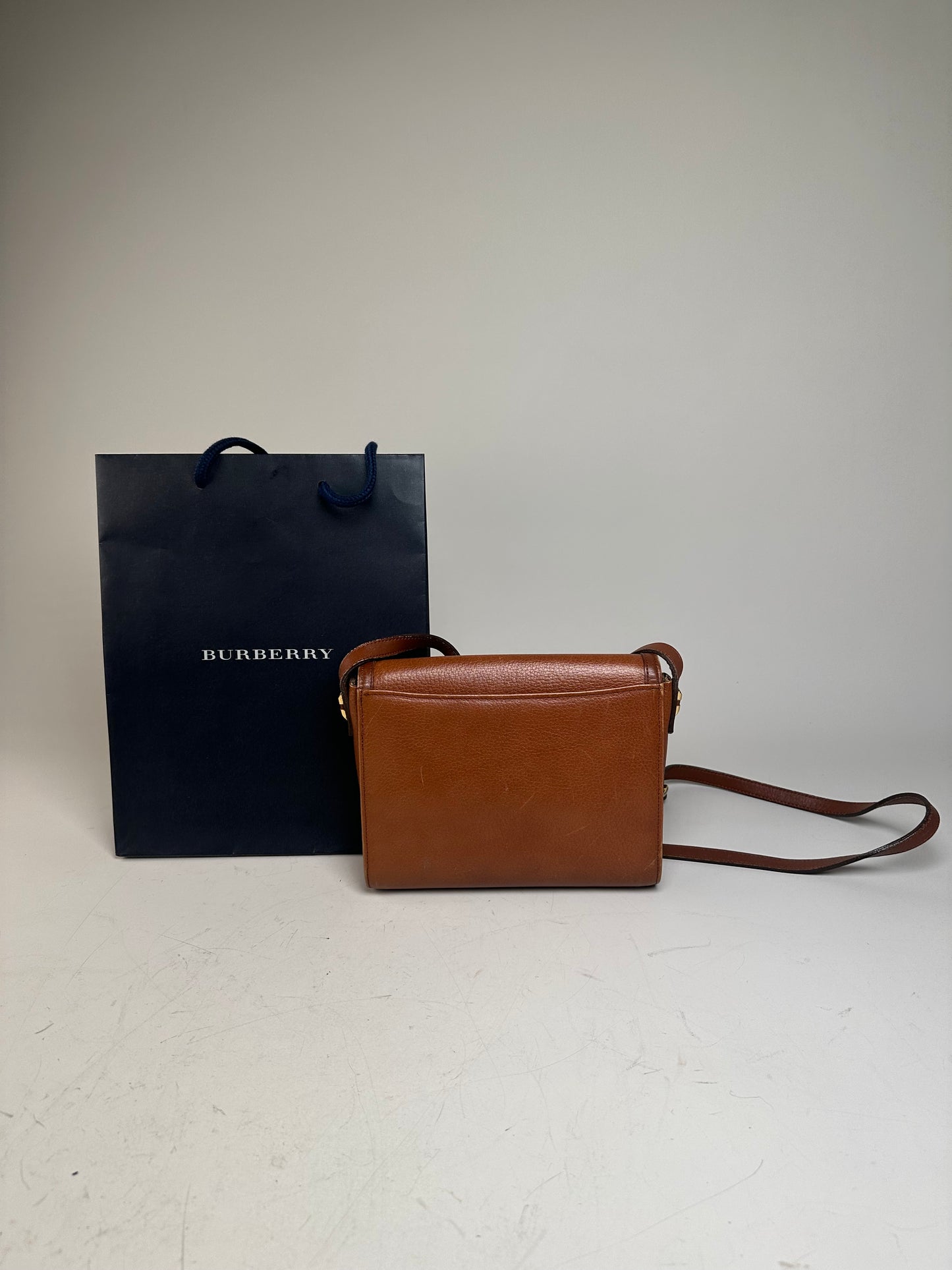 Vintage Burberry Pebbled Leather Crossbody Bag Tan Gold