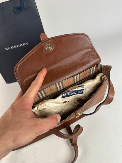 Vintage Burberry Pebbled Leather Crossbody Bag Tan Gold