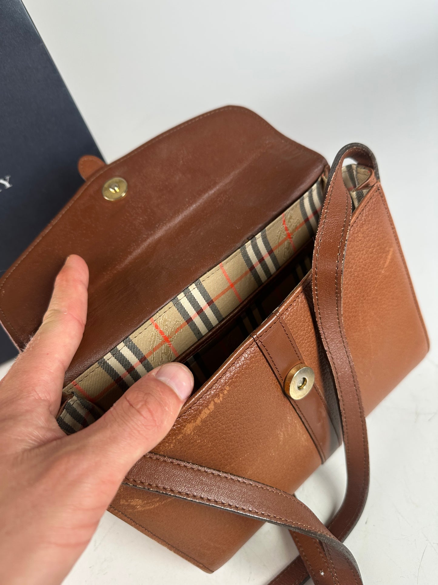 Vintage Burberry Pebbled Leather Crossbody Bag Tan Gold